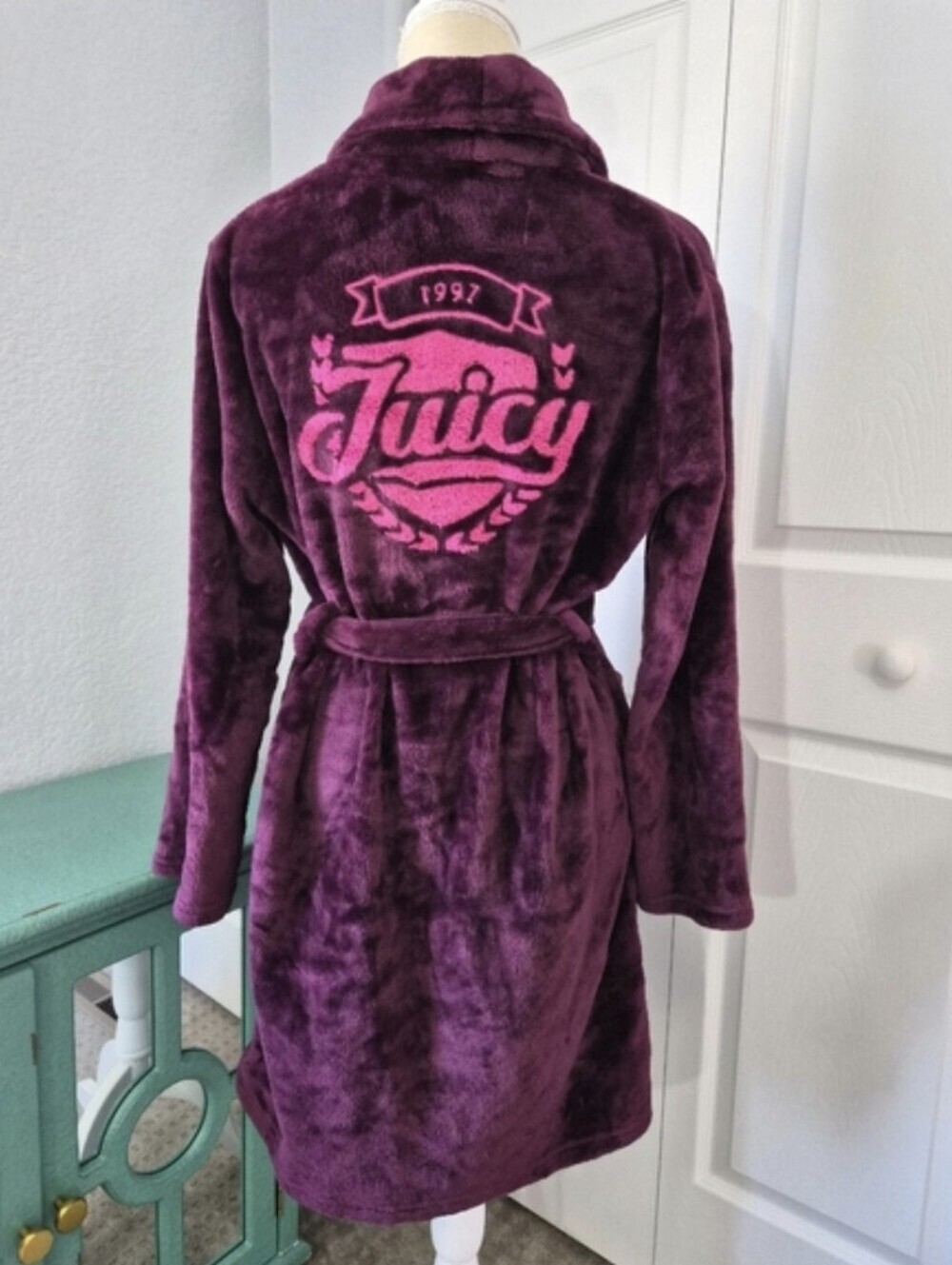 Juicy Couture Plush Fleece Robe Y2K Pink Logo Burgundy S/M